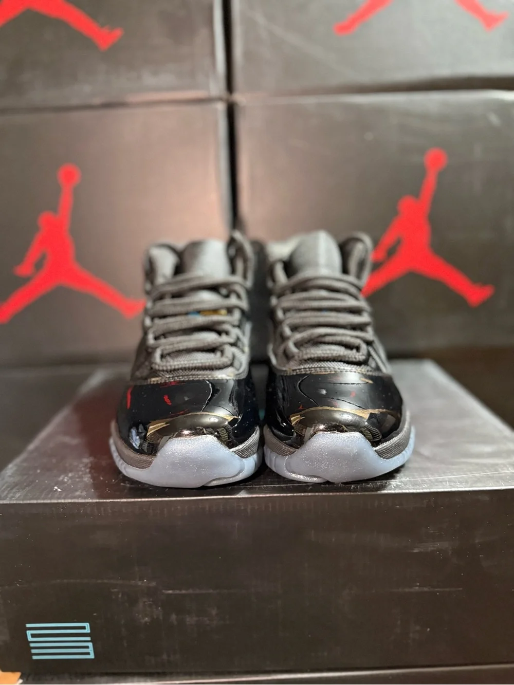 Jordan 11 Retro Gamma Blue Men’s Low-Top Sneakers — Black with Teal Jumpman